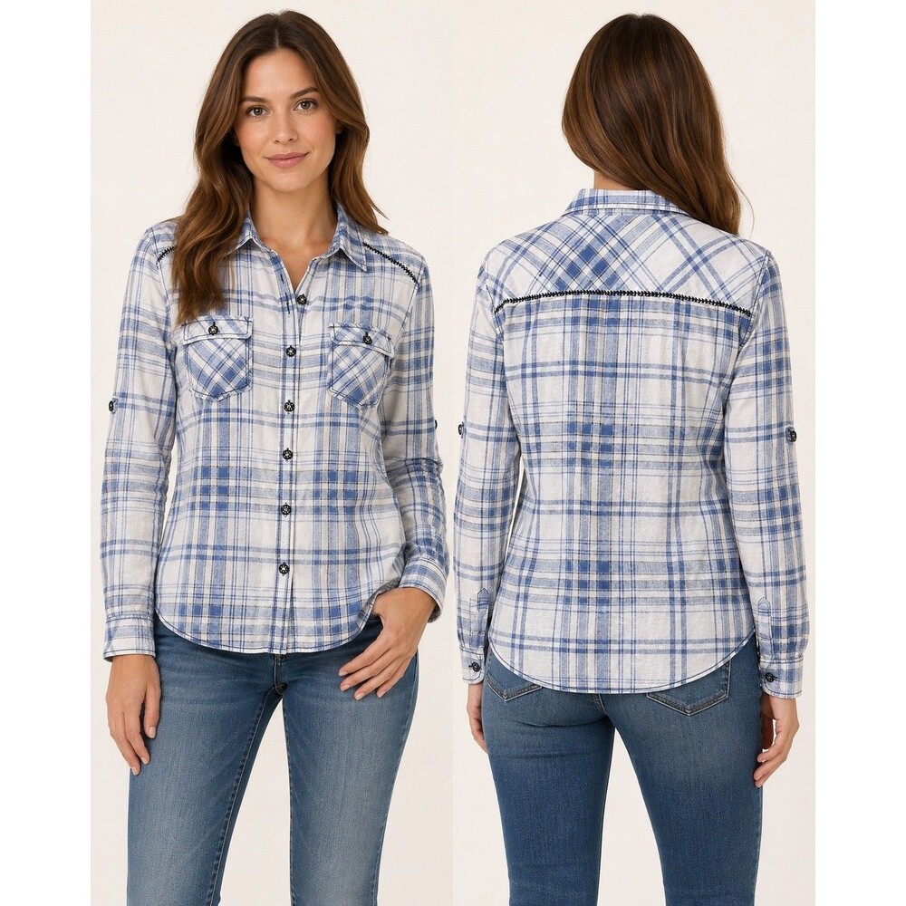 BKE Woman’s Blue/White Plaid roll tab Long Sleeve Button-Up Cotton Woven Pockets
